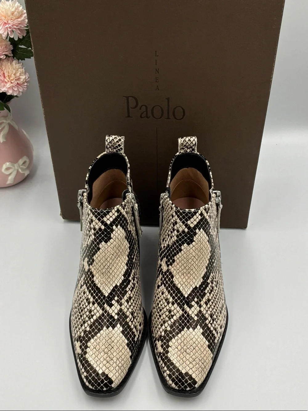 Paolo Snake-Print Ankle Booties in Beige and Black